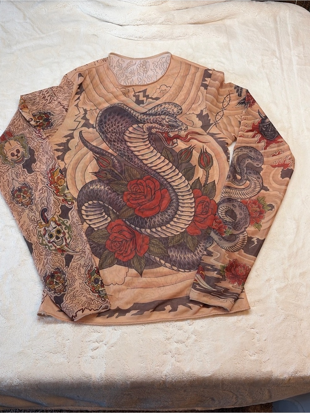 Vintage Miami Ink Skull Snake Tattoo Micro Mesh Top Long Sleeve Sz S/M